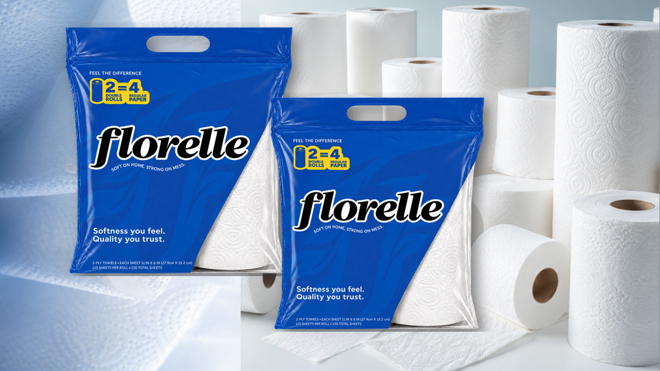 FLORELLE: empaques azules de papel toalla de 2 rollos, junto a rollos de papel toalla