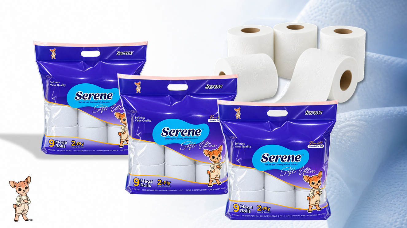 Empaques originales SERENE Soft Ultra de 9 rollos y rollos de papel higiénico